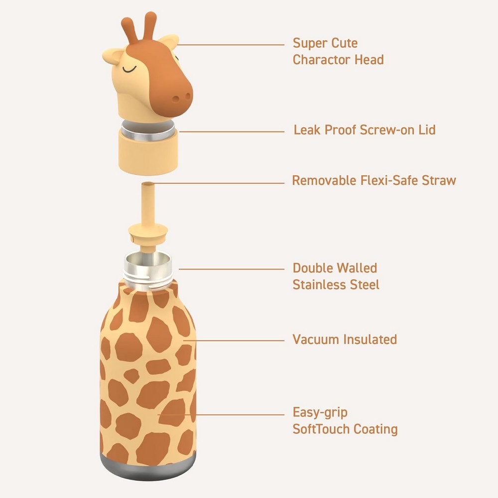 Asobu Giraffe Bestie Bottle 16oz – Stainless Steel Kids Water Bottle, Cute Giraffe Design, Leak-Proof, Easy to Carry, Ideal for School, Travel & Daily Use