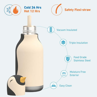 Asobu Penguin Bestie Bottle 16oz – Stainless Steel Kids Water Bottle, Cute Penguin Design, Leak-Proof, Easy to Carry, Perfect for School, Travel & Everyday Use