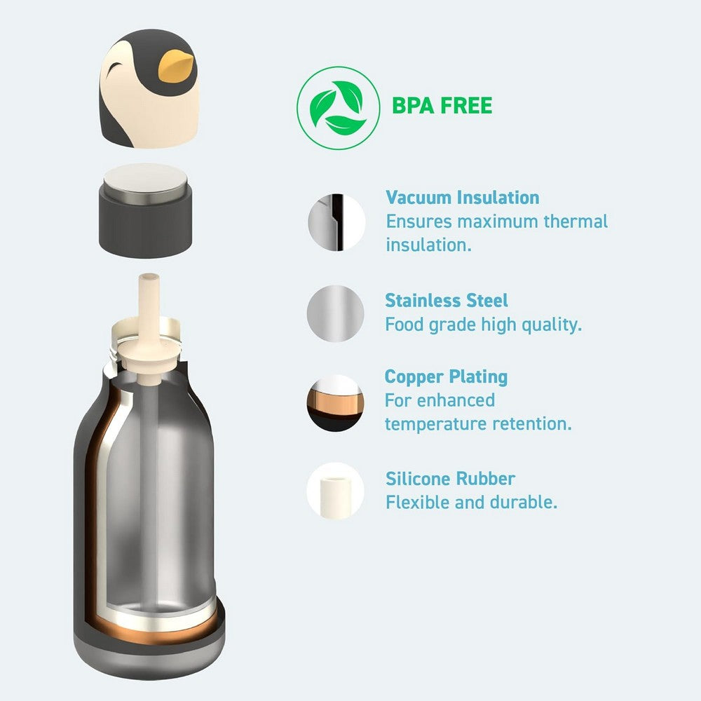 Asobu Penguin Bestie Bottle 16oz – Stainless Steel Kids Water Bottle, Cute Penguin Design, Leak-Proof, Easy to Carry, Perfect for School, Travel & Everyday Use