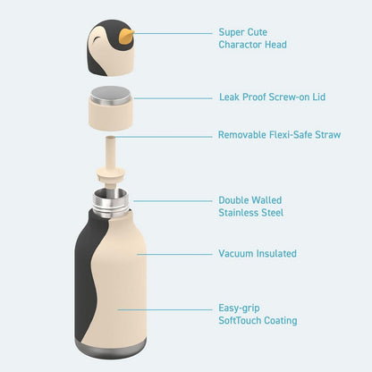 Asobu Penguin Bestie Bottle 16oz – Stainless Steel Kids Water Bottle, Cute Penguin Design, Leak-Proof, Easy to Carry, Perfect for School, Travel & Everyday Use