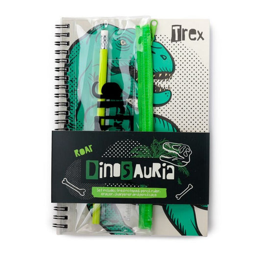 Puckator Dinosauria 6-Piece Stationery Set – Ring Bound Notepad & Pencil Case with Fun Dinosaur Designs