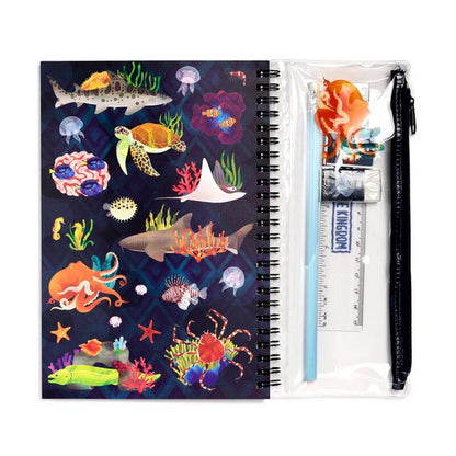 Puckator Marine Kingdom 6-Piece Stationery Set – Ring Bound Notepad & Pencil Case with Ocean-Themed Designs