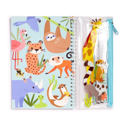 Puckator Zooniverse 6-Piece Stationery Set – Ring Bound Notepad & Pencil Case with Animal-Themed Designs