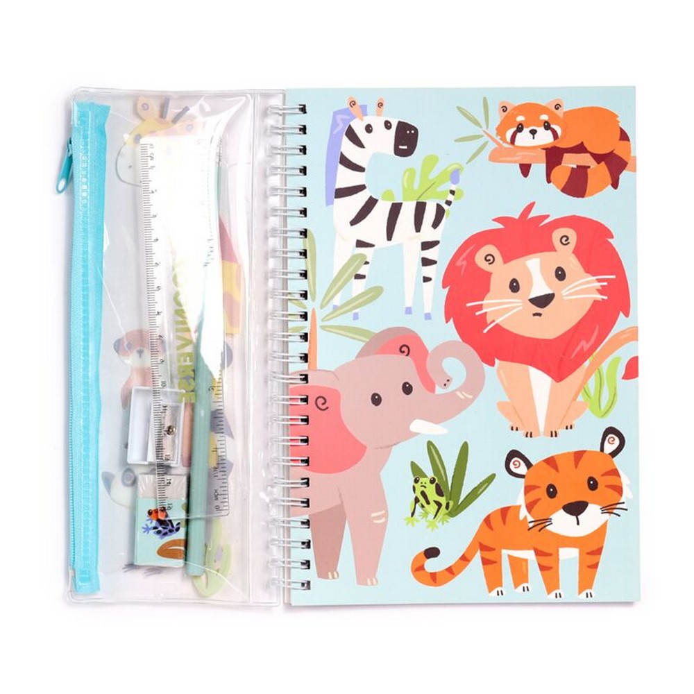 Puckator Zooniverse 6-Piece Stationery Set – Ring Bound Notepad & Pencil Case with Animal-Themed Designs