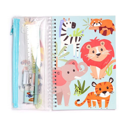 Puckator Zooniverse 6-Piece Stationery Set – Ring Bound Notepad & Pencil Case with Animal-Themed Designs