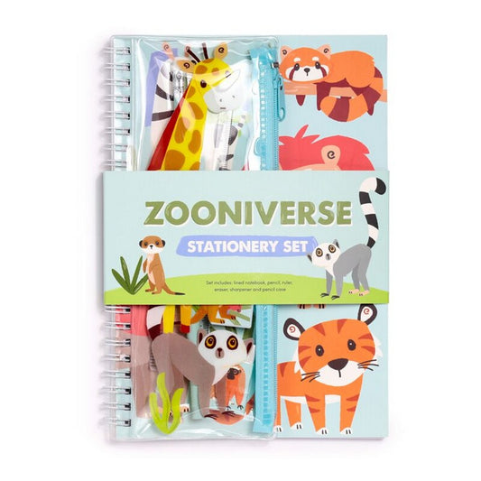 Puckator Zooniverse 6-Piece Stationery Set – Ring Bound Notepad & Pencil Case with Animal-Themed Designs