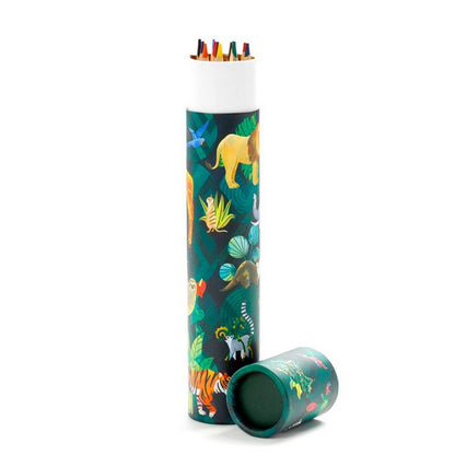 Puckator Animal Kingdom Large Pencil Pot with 12 Colouring Pencils – Fun Kids Stationery Gift Set, 1 Pack