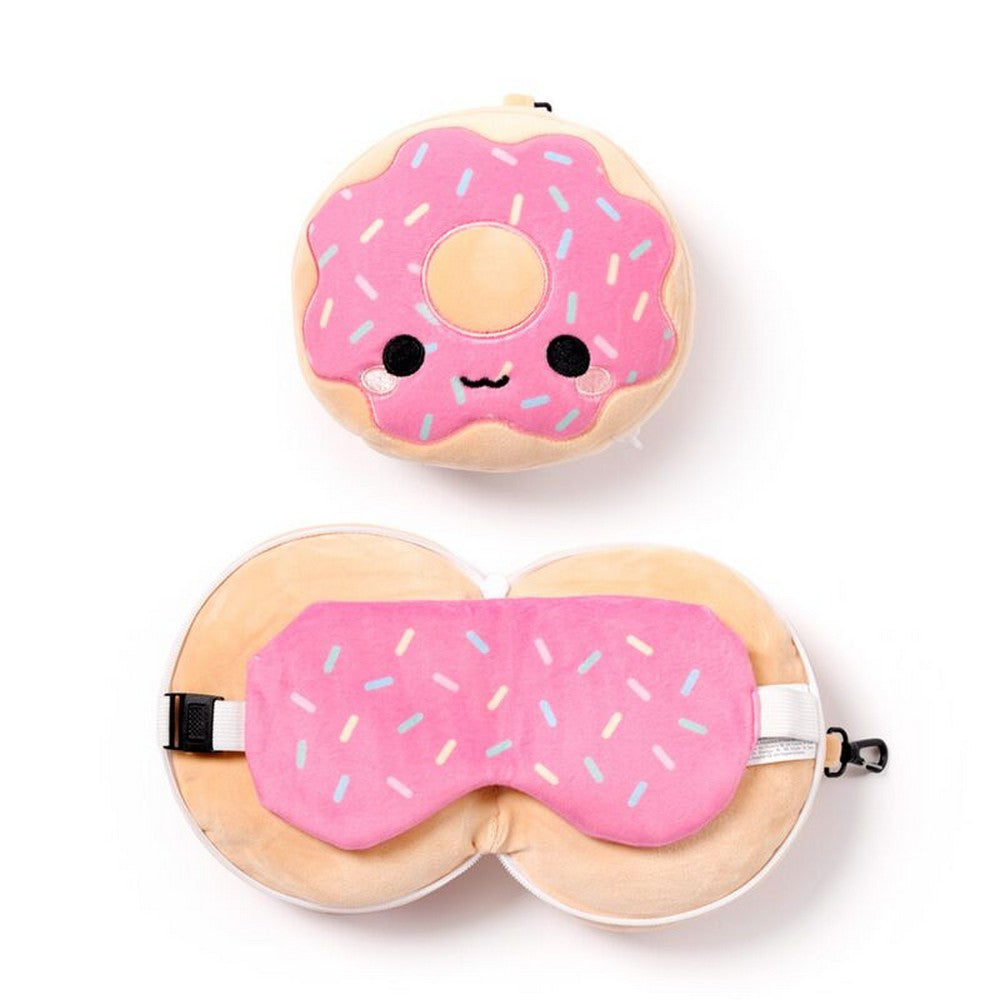 Puckator Relaxeazzz Adorasnacks Donut Plush Travel Pillow & Eye Mask Set – Soft Comfortable Sleep Aid for Kids & Adults