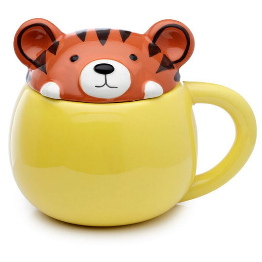 Puckator Adoramals Tiger Peeping Lid Ceramic Mug – Cute Animal Design with Lid for Hot Beverages