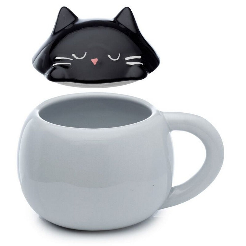 Puckator Feline Fine Black Cat Peeping Lid Ceramic Mug – Cute Cat Design with Lid for Hot Beverages