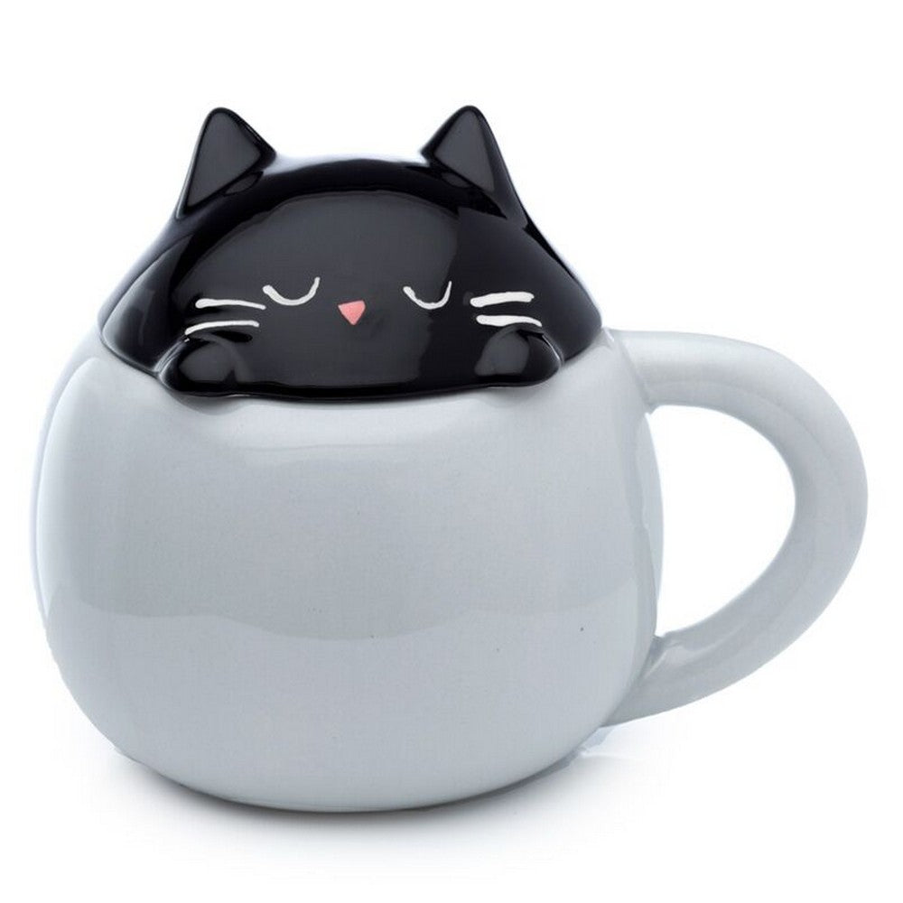 Puckator Feline Fine Black Cat Peeping Lid Ceramic Mug – Cute Cat Design with Lid for Hot Beverages