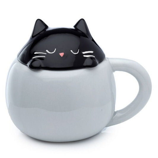 Puckator Feline Fine Black Cat Peeping Lid Ceramic Mug – Cute Cat Design with Lid for Hot Beverages
