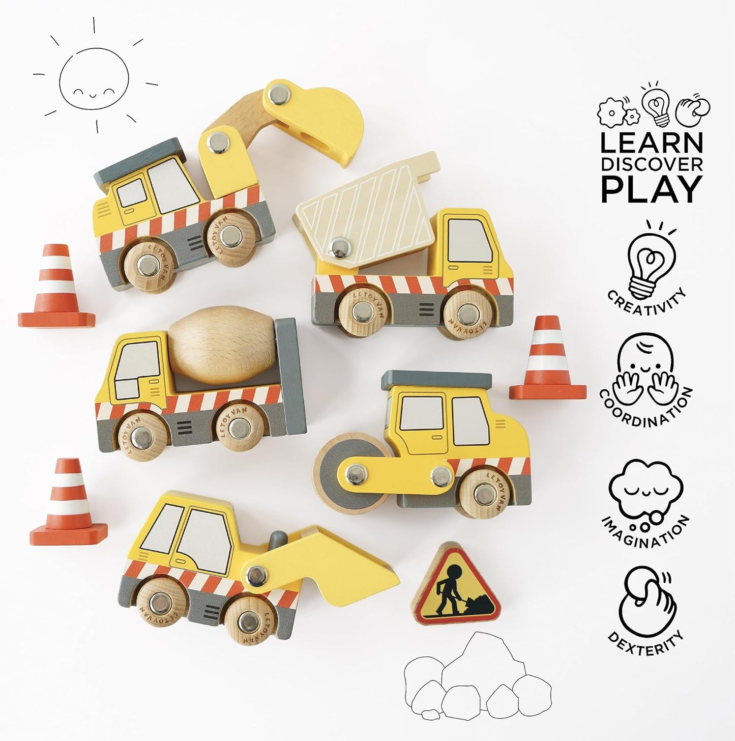 Le Toy Van - Cars & Construction Wooden Construction Vehicles Pretend Play Play Set With Lifting Crane, Scoop, Roller, Digger, Tip-up Truck and Cones Builder Toy | Pretend Play Toy Suitable For Age 3+