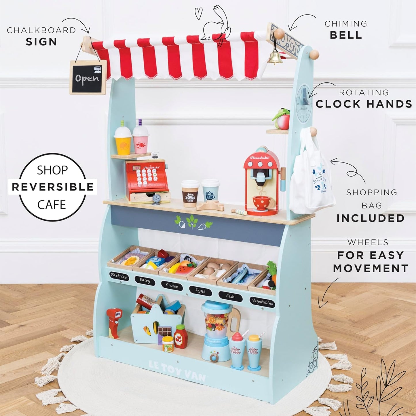 Le Toy Van - Honeybake Reversible Educational Pretend Wooden Grocery Store and Cafe Stand | Educational Role Play Kids Toy Set | Cafe or Supermarket Pretend Play Shop, Multi (TV317)