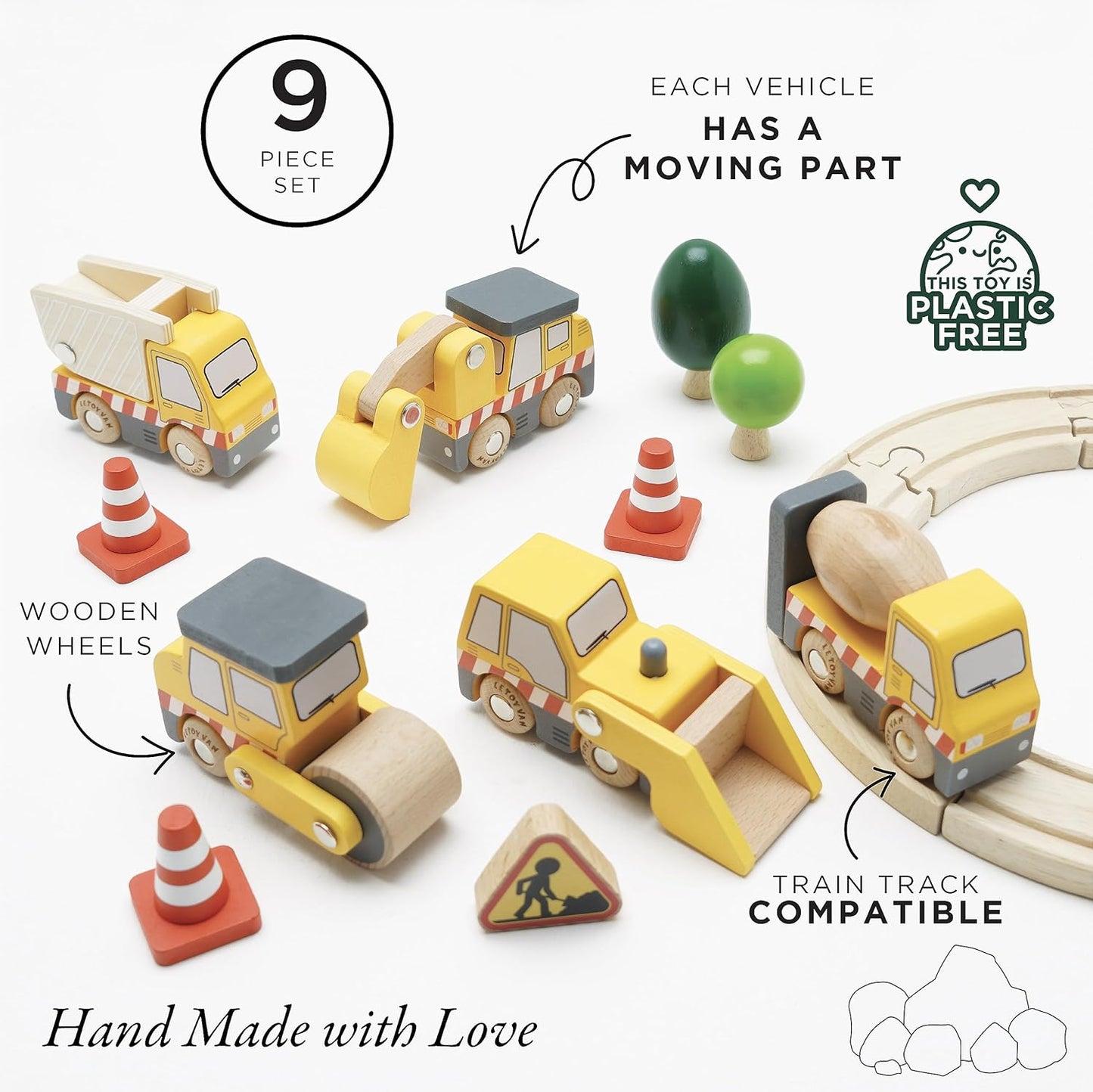 Le Toy Van - Cars & Construction Wooden Construction Vehicles Pretend Play Play Set With Lifting Crane, Scoop, Roller, Digger, Tip-up Truck and Cones Builder Toy | Pretend Play Toy Suitable For Age 3+