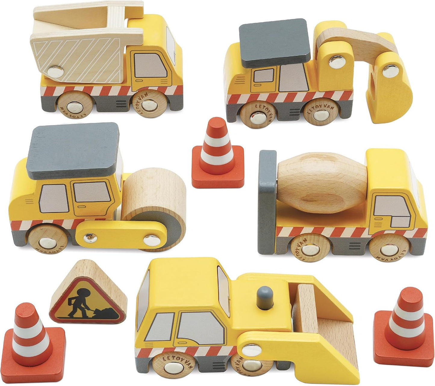 Le Toy Van - Cars & Construction Wooden Construction Vehicles Pretend Play Play Set With Lifting Crane, Scoop, Roller, Digger, Tip-up Truck and Cones Builder Toy | Pretend Play Toy Suitable For Age 3+