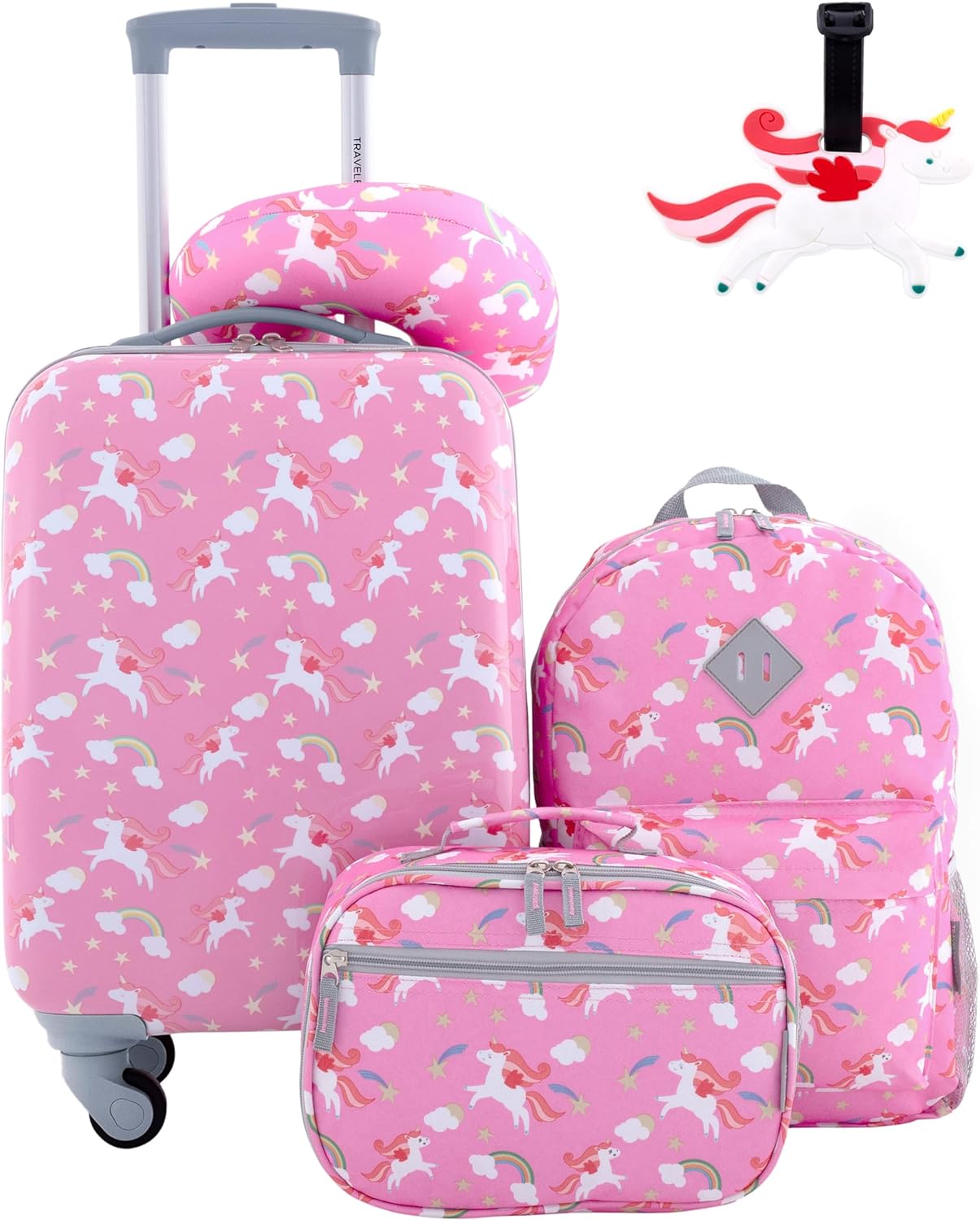 Travelers Club 5-Pc 18" Kids Luggage Set With 360° 4-Wheel Spinner System, Unicorn