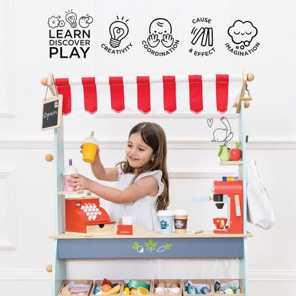 Le Toy Van - Honeybake Reversible Educational Pretend Wooden Grocery Store and Cafe Stand | Educational Role Play Kids Toy Set | Cafe or Supermarket Pretend Play Shop, Multi (TV317)