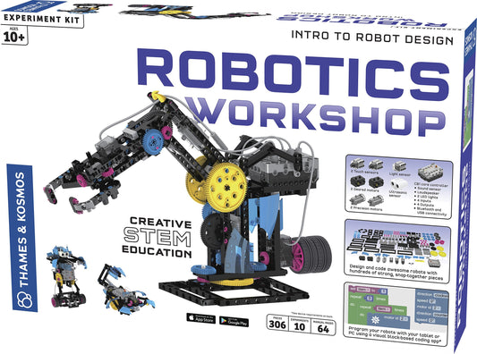 Thames & Kosmos Robotics Workshop Model Building & Science Experiment Kit | Build & Program 10 Robots with Ultrasonic Sensors | Program & Control with App for iOS & Android