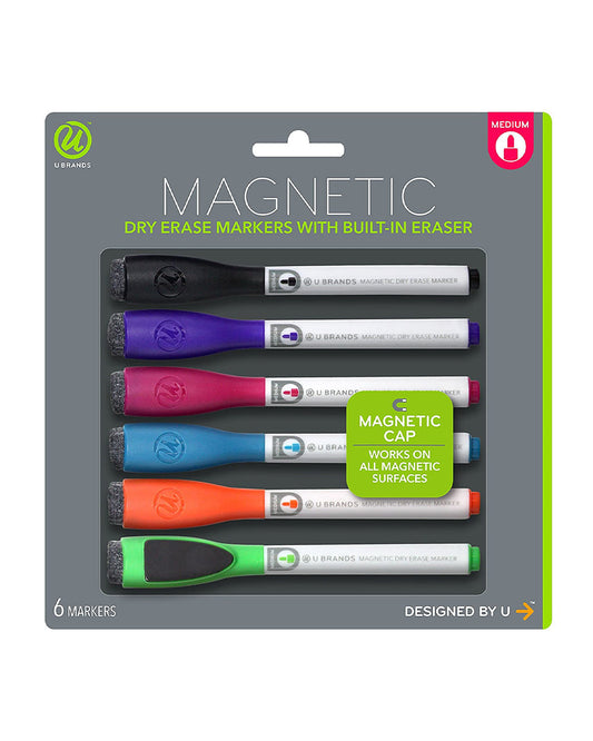 U Brands Magnetic Dry Erase Markers with Erasers Medium Point Pack of 6