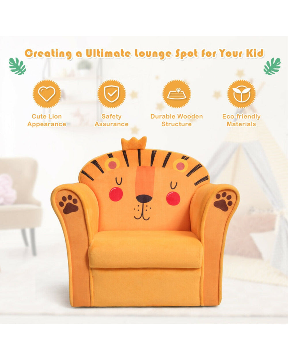 Cost Way Kids Armrest Lion Upholstered Sofa Orange