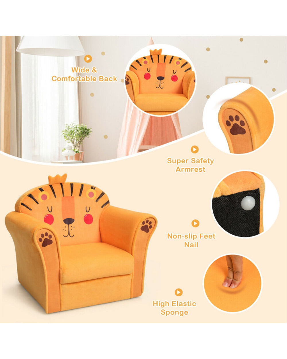 Cost Way Kids Armrest Lion Upholstered Sofa Orange