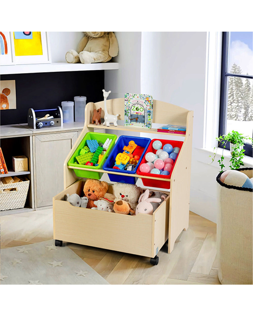 Wooden toy shelf fashion with bins