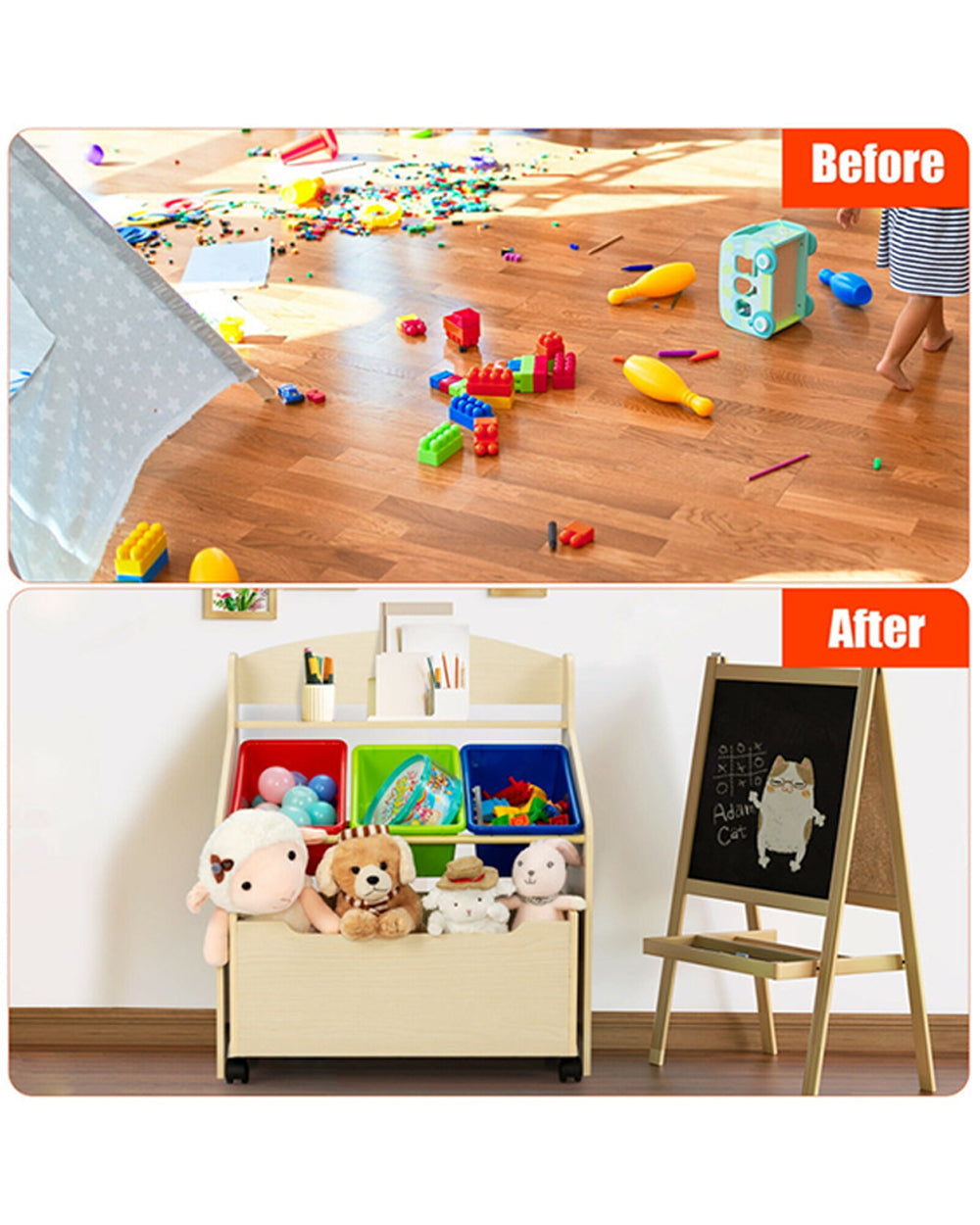 Cost Way Kids Wooden Toy Storage Unit Organizer with Rolling Toy Box & Plastic Bins