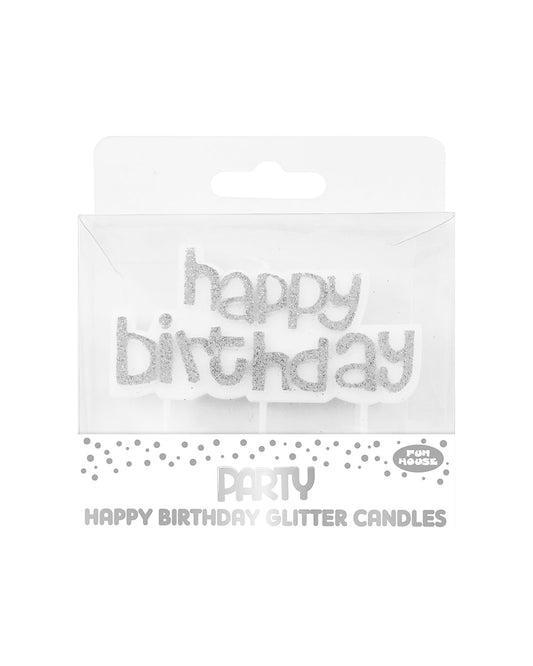 Fun House Happy Birthday Glitter Candle Silver